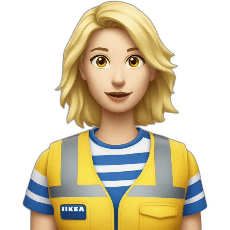 Ikea coworker blond woman blue stripes t-shirt and yellow security vest scanning palets emoji