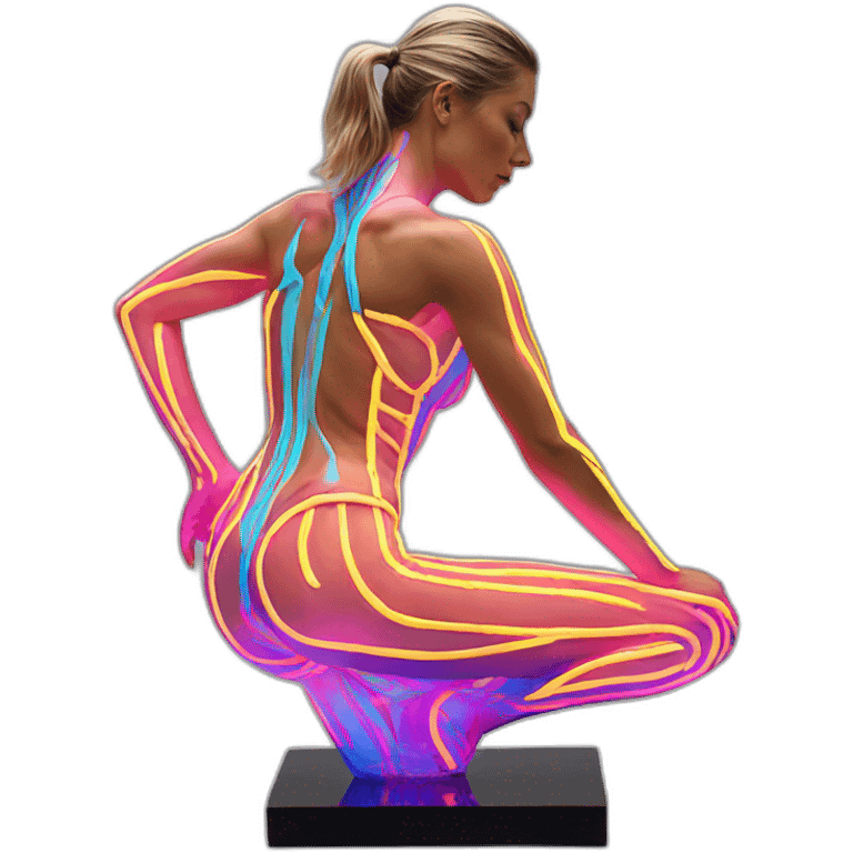 Hyper-realistic neon glass sculpture showing tall sultry fitness model in striped body paint from behind emoji