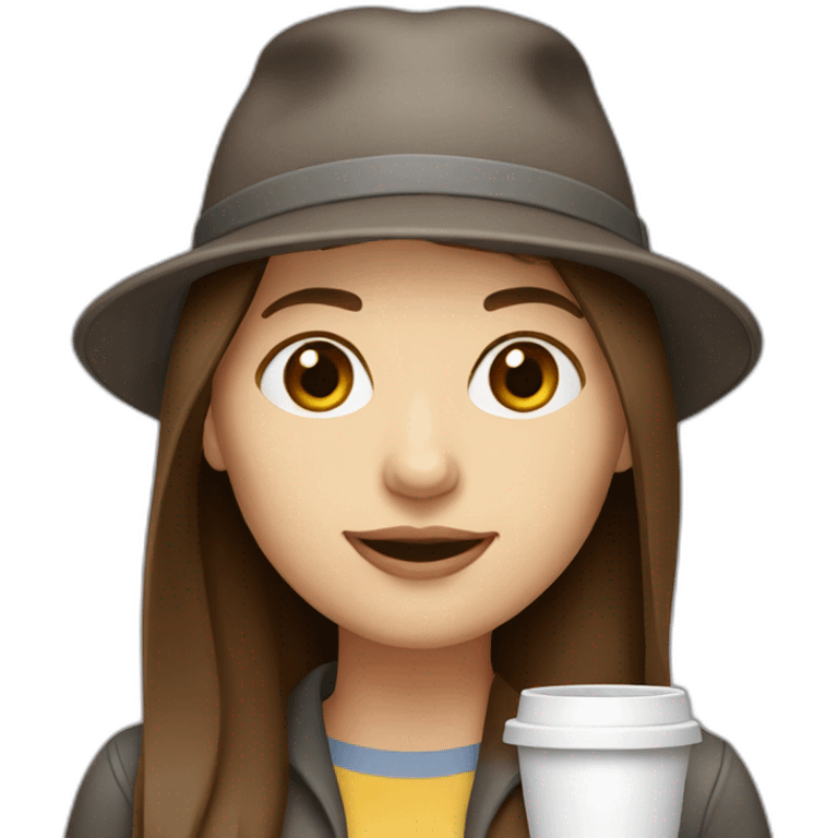 woman with long straight brown hair and pale skin and wearing a laptop hat and drinking coffee emoji