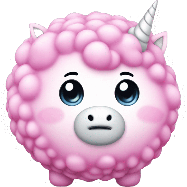 Small pink puffball that is a unicorn  emoji