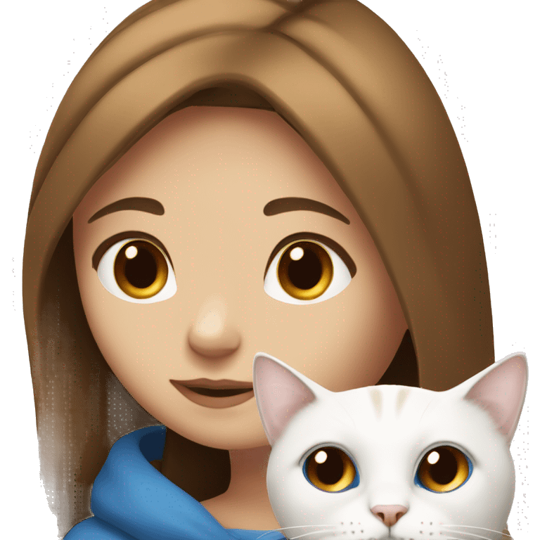 A brown-eyed and brown-haired girl keeps a white cat with blue eyes emoji