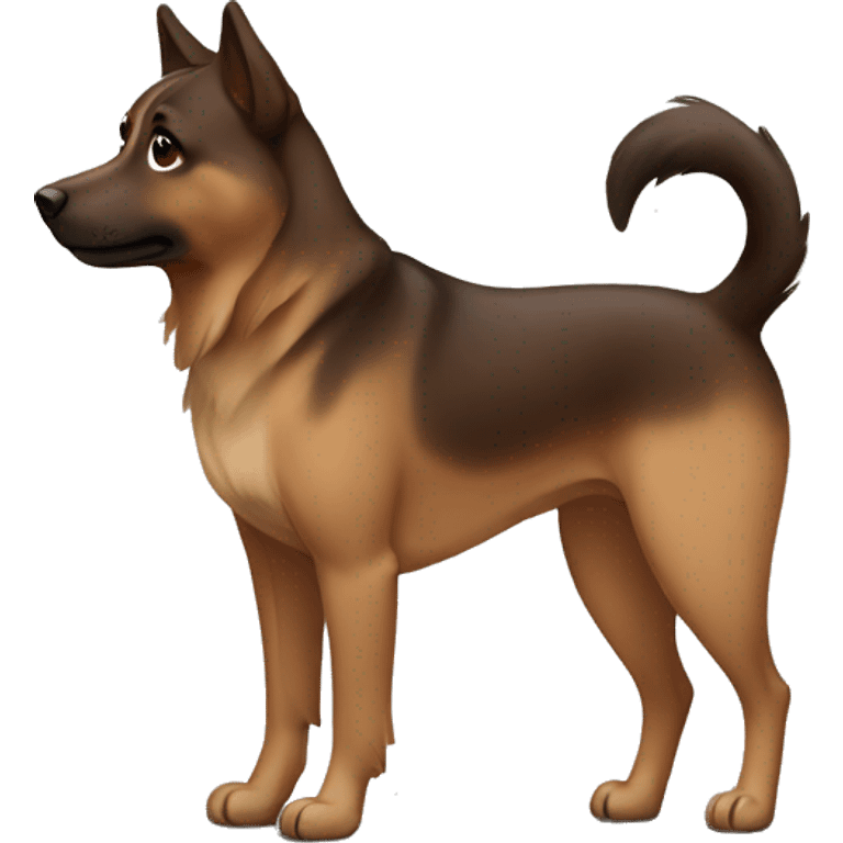 brown and dark brown Eurasian dog standing. His face and back is covered in dark brown spots emoji