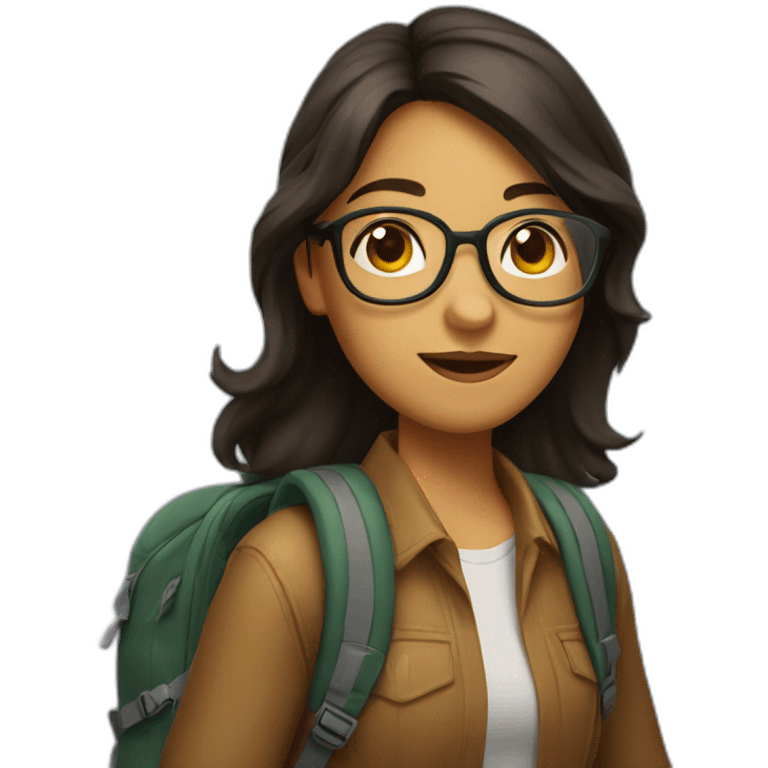 a girl in glasses with a backpack on her shoulders, dark hair down to her shoulders, slightly tanned skin emoji