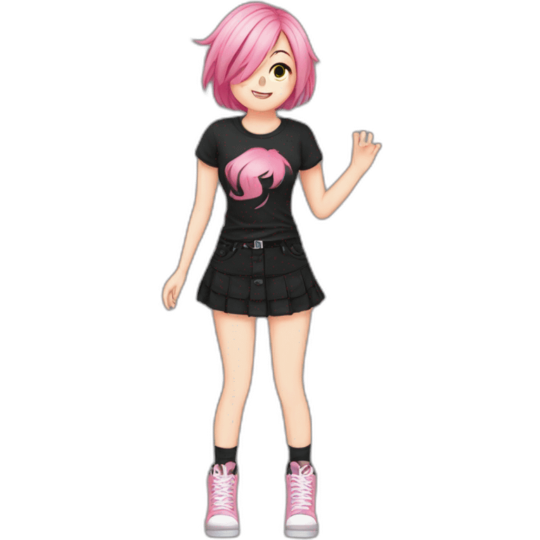 Full body Front view curvy emo girl pink hair sits on the floor straight view hands up black skirt полосатые рваные чулки emoji