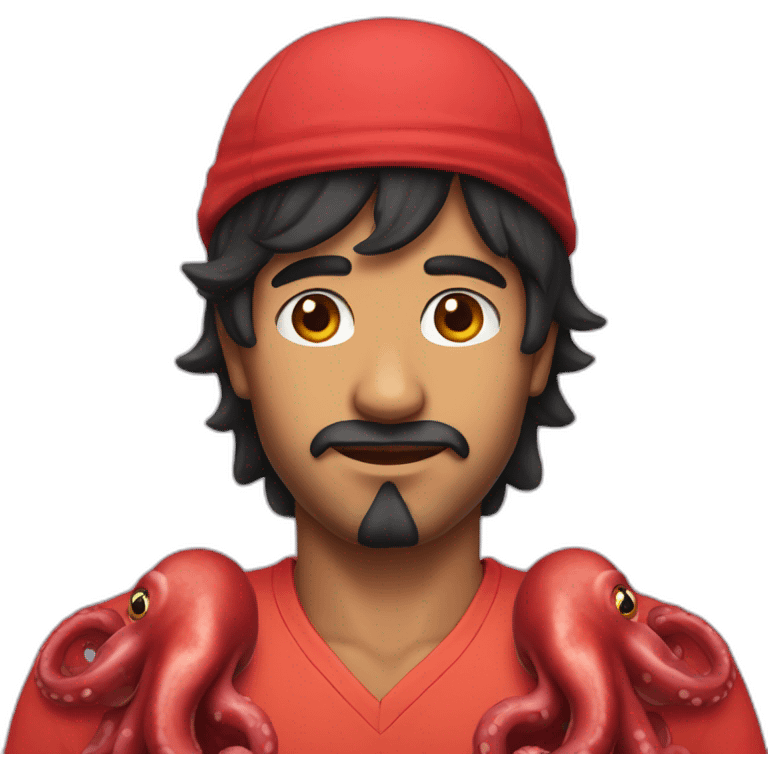 indian man with black hair a hat and a red octopus shirt emoji