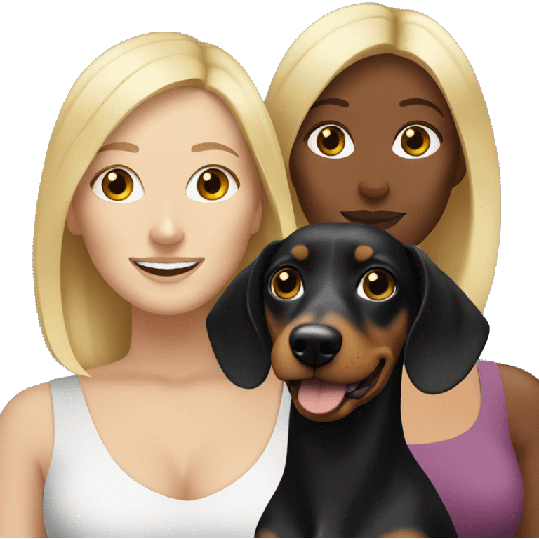 Blonde white woman and Brunette white woman holding black and tan dachshund emoji