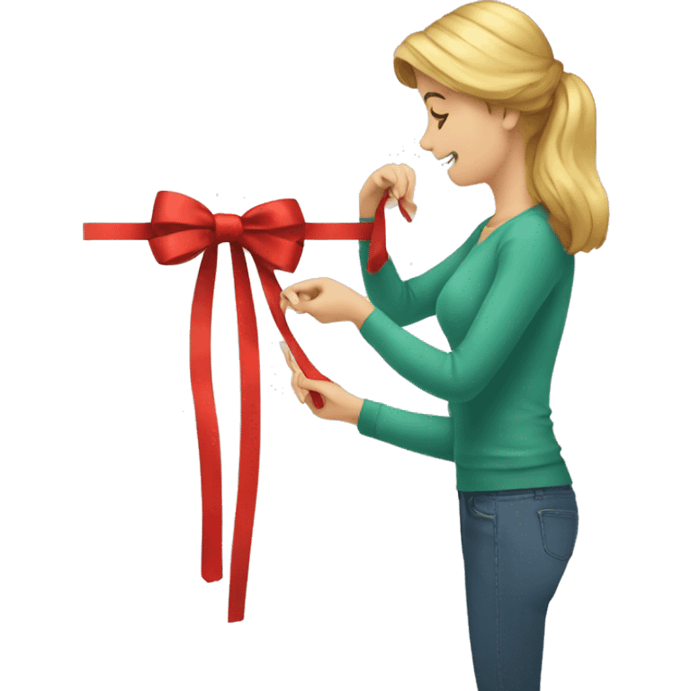 Woman learning how to tie a Christmas bow for a present emoji