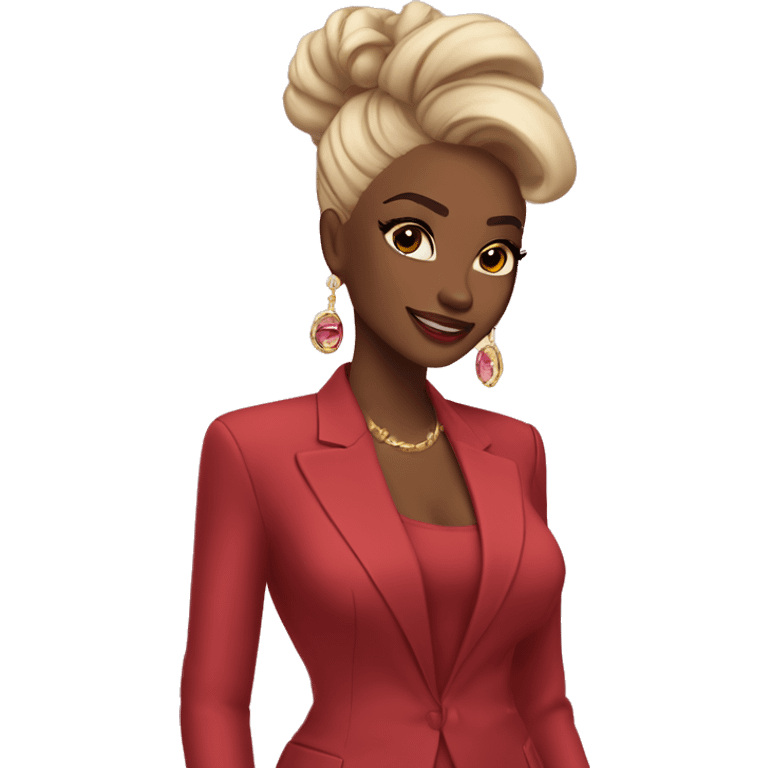 Sure! Here’s a super short version:

	•	Outfit: Deep red suit, gold jewelry, pink clutch.
	•	Hair: Black, half-up with a red ribbon.
	•	Skin: Warm tan, glowing.
	•	Makeup: Winged eyeliner, nude lips, soft blush.

Let me know if this works! emoji