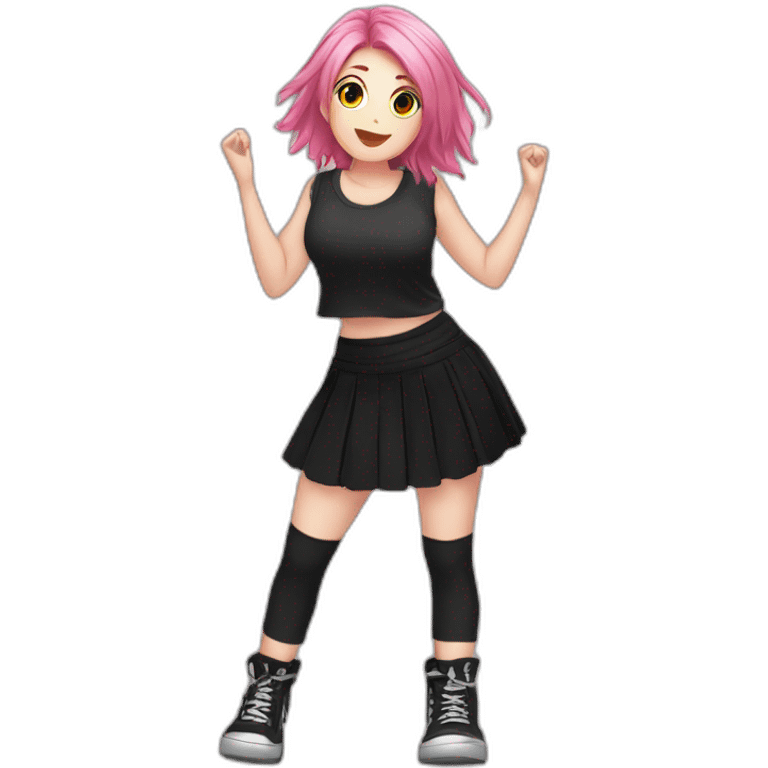 Full body Front view curvy emo girl pink hair sits on the floor straight view hands up black skirt белые трусики emoji