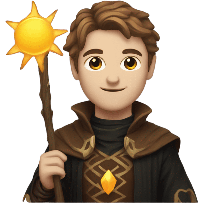 A sun warlock who is pale with brown hair and is holding a black kitten emoji