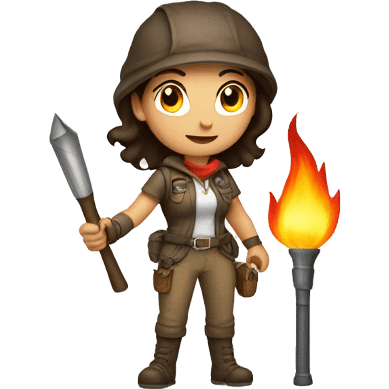 Brunette lady adventurer holding burning torch emoji