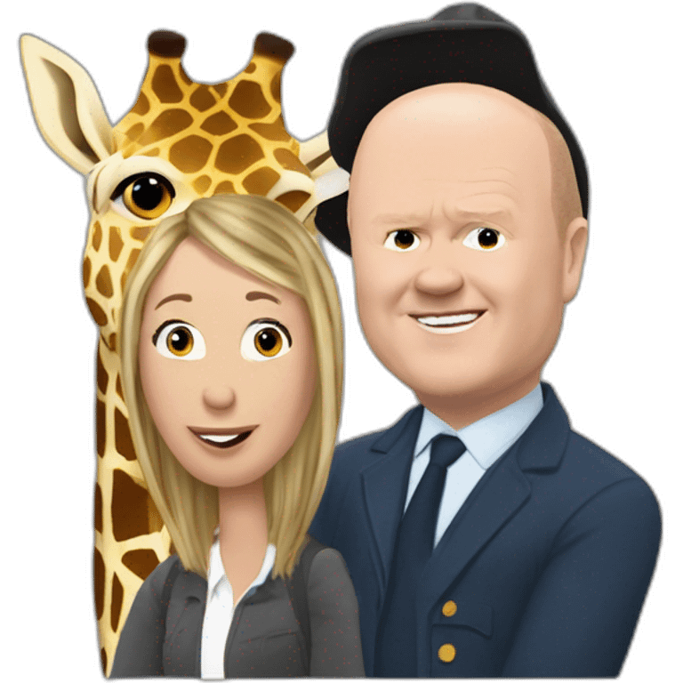 Victoria Coren-Mitchell and Phil Mitchell riding a giraffe emoji