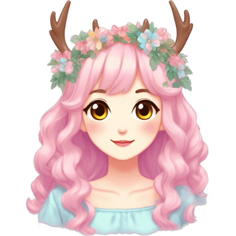 Gorgeous Shiny Colorful Pastel Anime Style Mature Lady with blushing face and pretty hair with a flower crown and antlers pastelcore kawaii cottagecore fairycore aesthetic trending style emoji