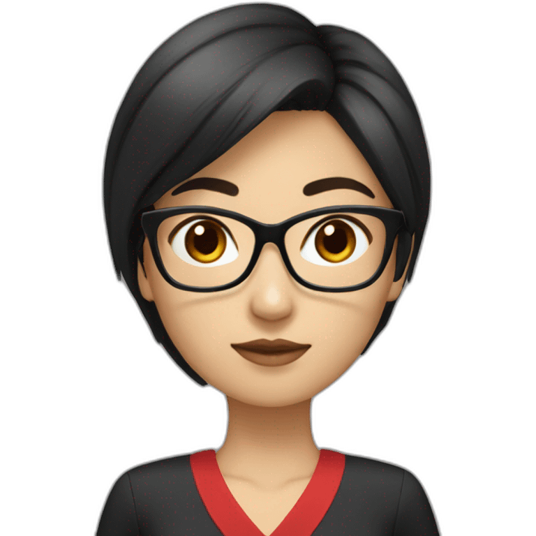 Young woman asiatic teacher, red glasses, red dress, black eyes, black square hairs  emoji