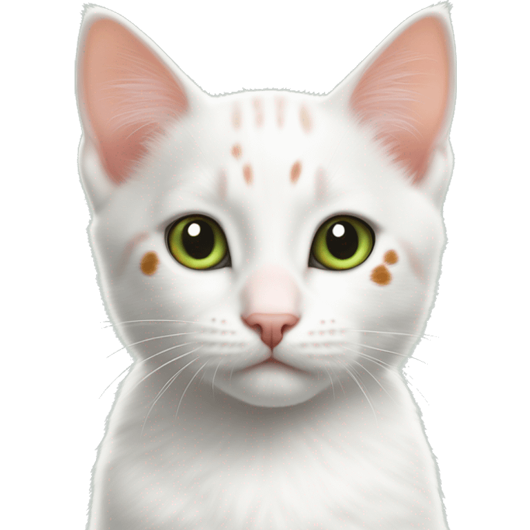 One White kitten with orange and black spots  Green eyes, pink nose  Black spot on left eye  Orange spot on right eye  On all four paws emoji