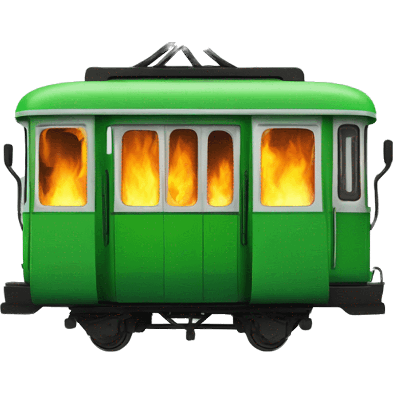 green tram with fire all around emoji