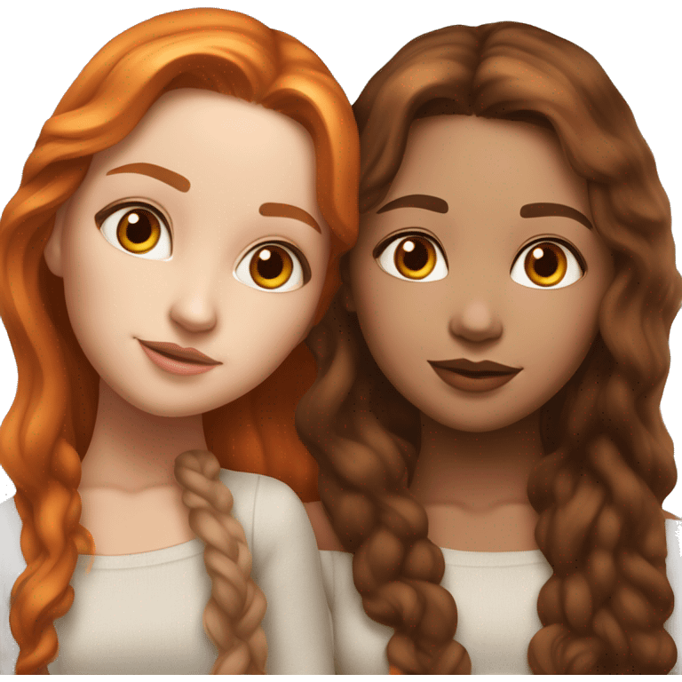 serene two white girls. one has mid length dark brown hair and the other has long orange hair. standing together and kissing in gentle light. calm and content. hyper-realistic soft textures fine details glow on skin emoji