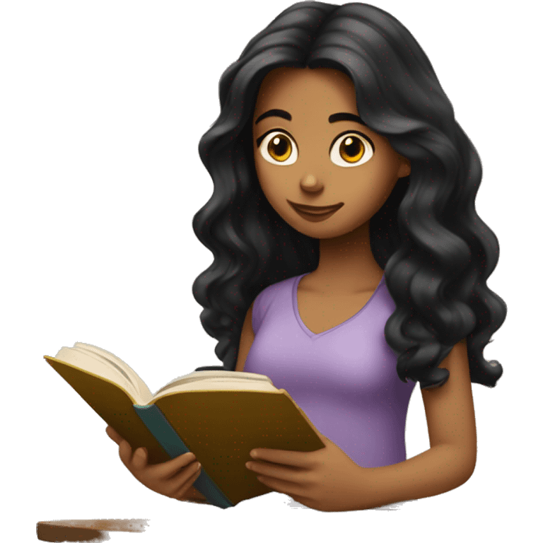 Girl with long wavy black hair reading a book  emoji