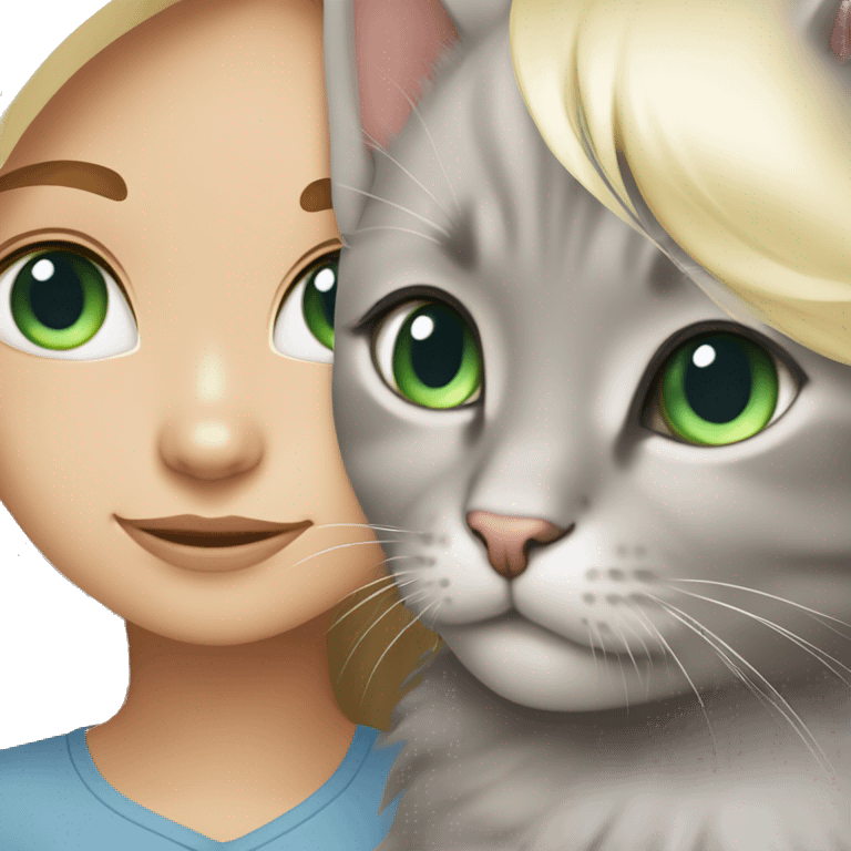 blue eyes grey kitten and green eyes blonde girl are friends emoji