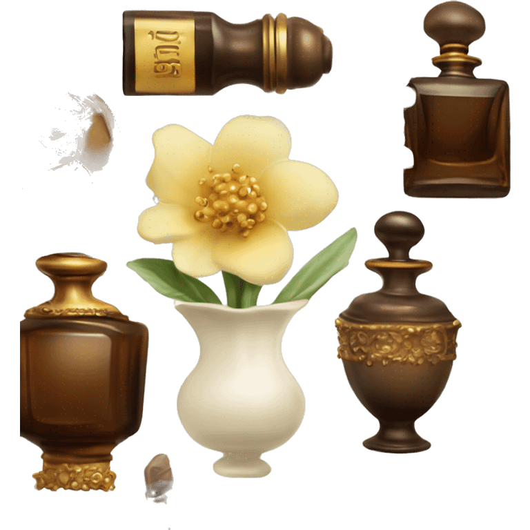 An antique perfume bottle with oil made of bronze and brown crystals, from which white cream and coffee milk flow, yellow flowers of fragrant vanilla lie next to it emoji