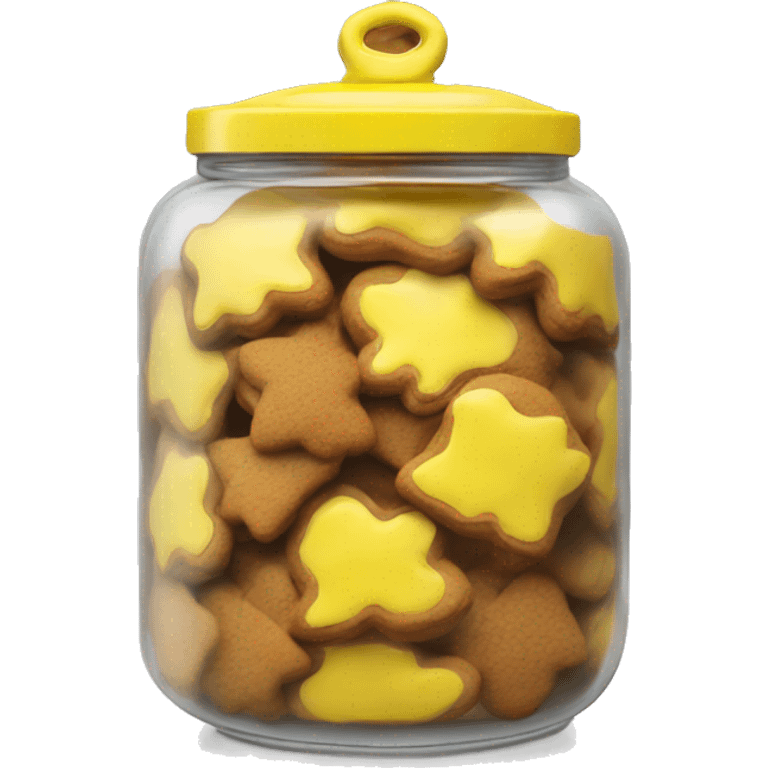 Realistic glass cookie jar yellow lid full of gingerbread cookies isolated.  emoji