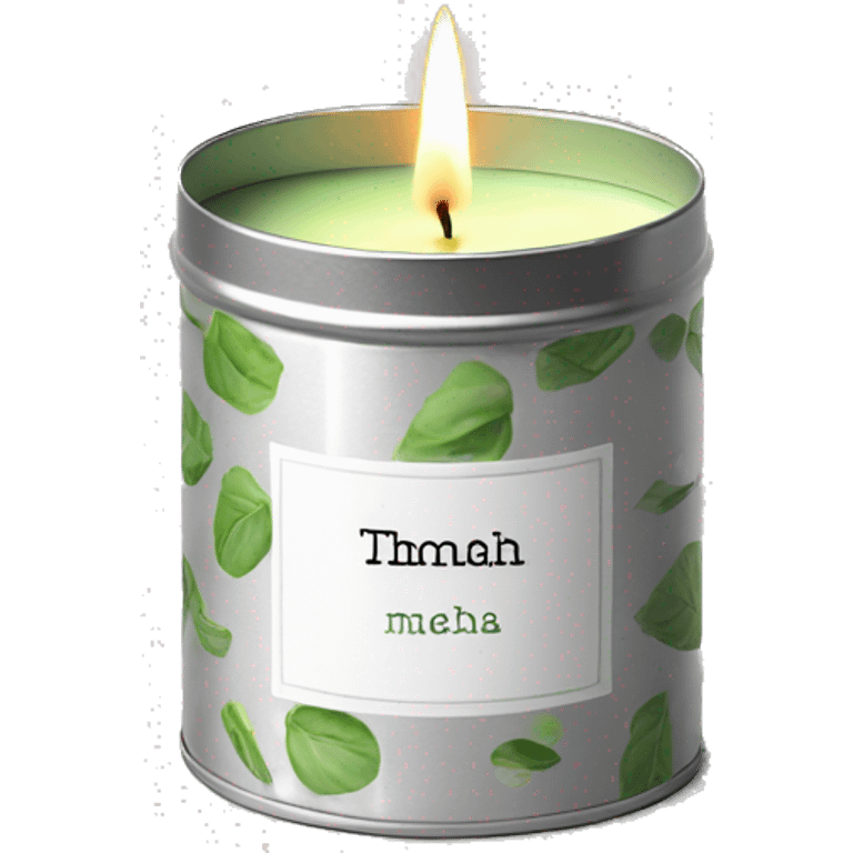 matcha scented candle in a silver tin with a small white label realistic emoji