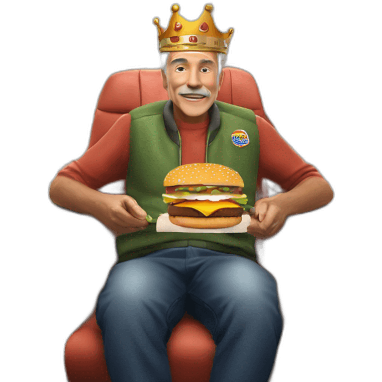 older 45yr old fraile man sitting on plane with burger king crown  emoji