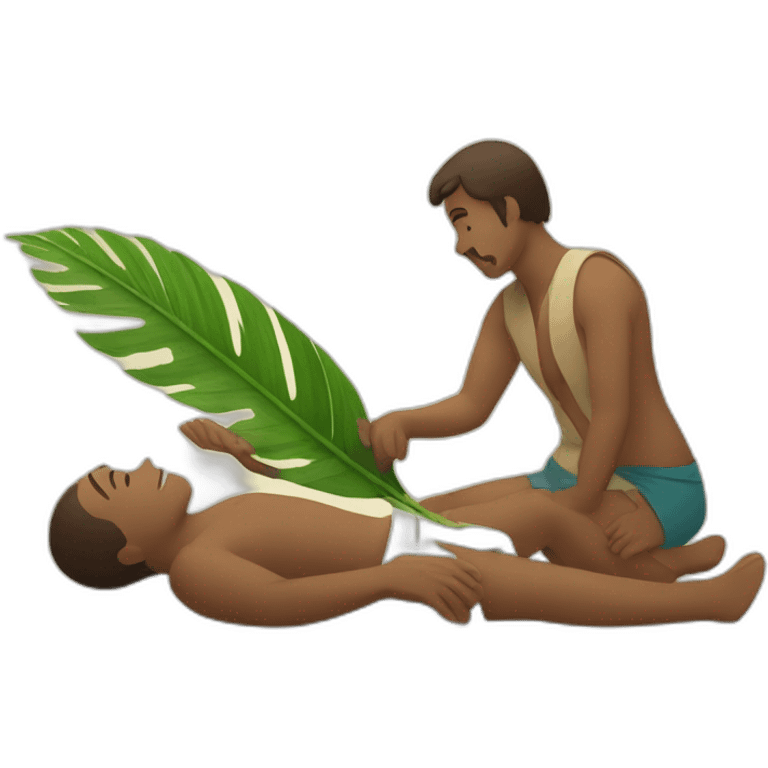 man is laying and someone fanning him with palm leaf emoji