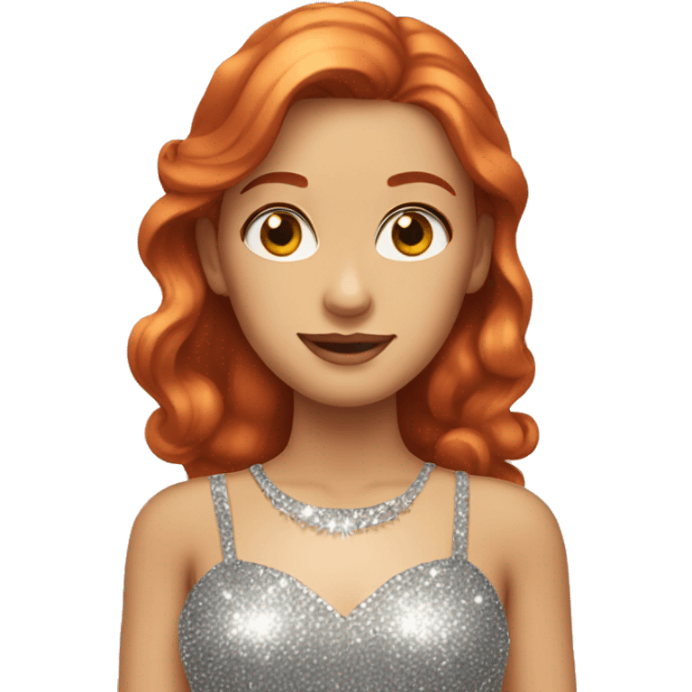 A red haired woman with hazel eyes wearing sparkly shiny dress emoji