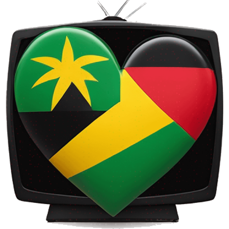 A heart-shaped Jamaican flag with a small golden wedding ring hanging off one side. Inside the heart, there's a miniature TV screen showing a play button. The TV is flanked by two tiny palm trees  emoji