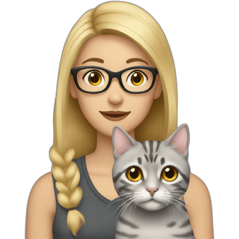 blonde woman with glasses and her gray tabby cat emoji