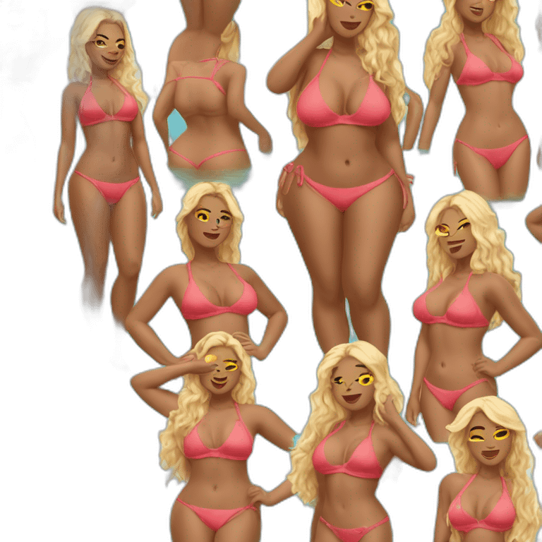 One curvy black woman with brown eyes and blond-hairs bikini hands-in-hair-pose (wonderful beach body) full body with bikini emoji