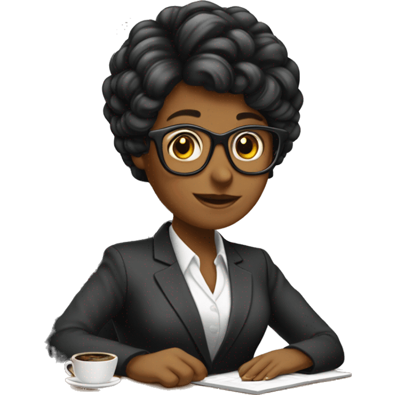 Secretaria cabelo preto computador e tomando cafe emoji