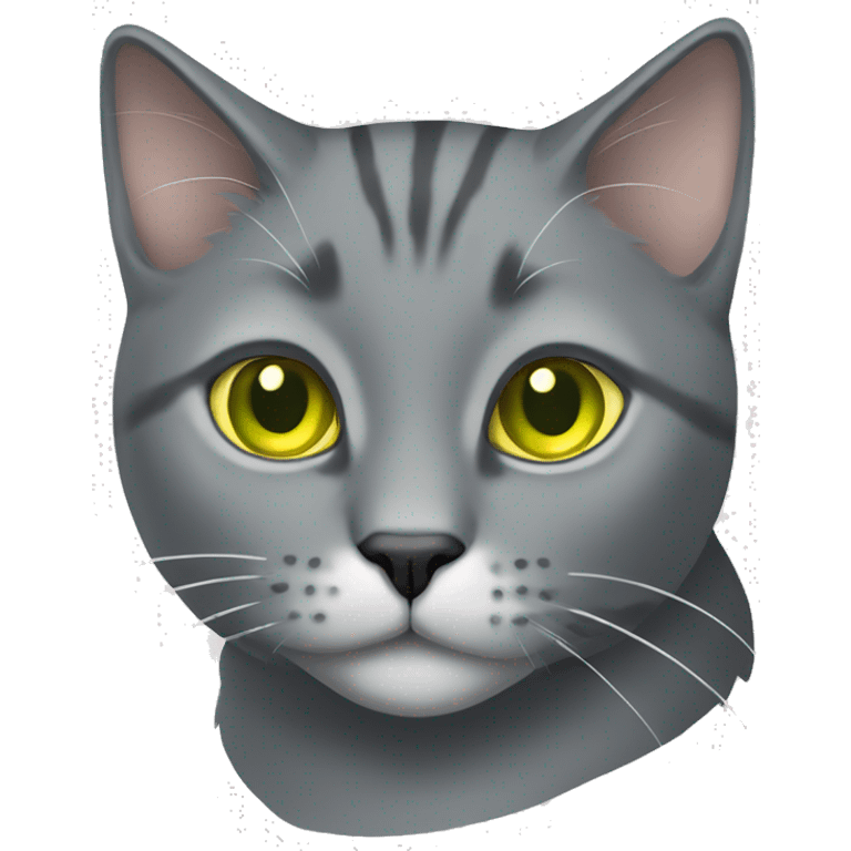 Grey cat with a white speck on its neck with yellow/green eyes emoji