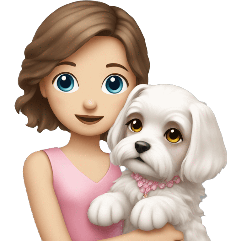 Brown hair blue eyes girl with maltese puppy with pink dress emoji