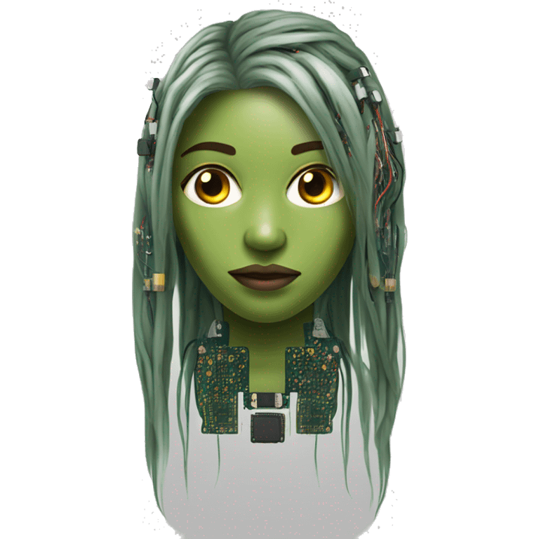 Olive green long hair female cyborg head with circuits emoji