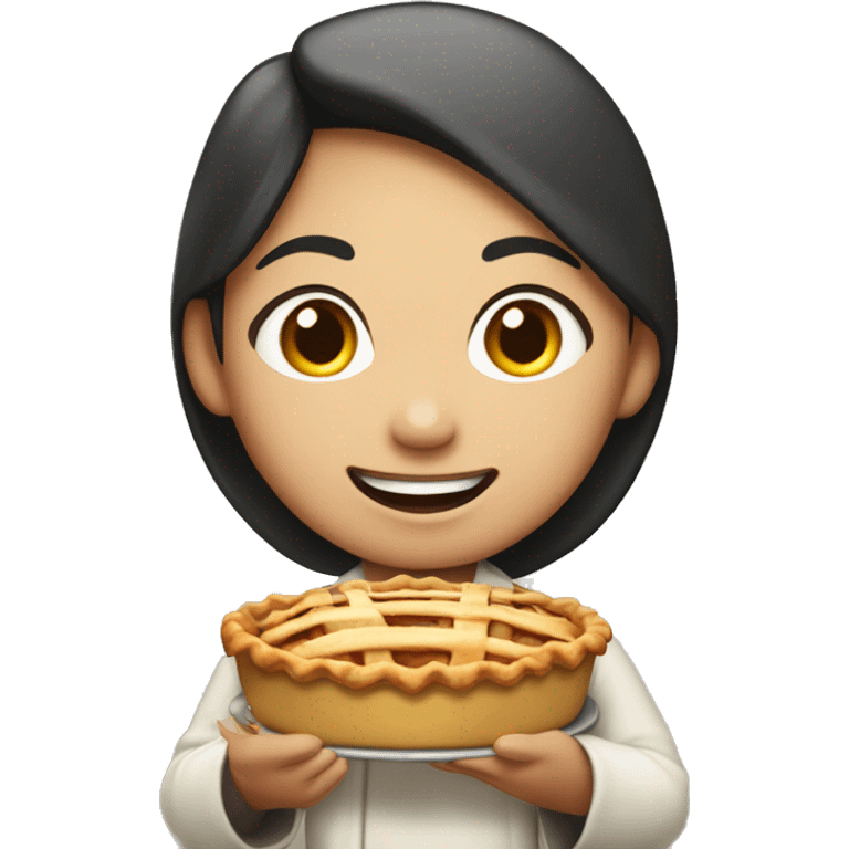 Asian pilgrim girl holding a steaming apple pie with a proud smile. emoji