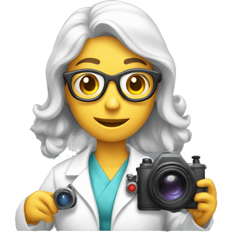 A pretty Scientist taking a photo with a big camera while wearing a lab coat emoji