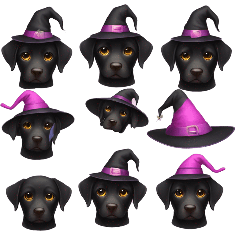 Black Labrador wearing black and pink witch hat emoji