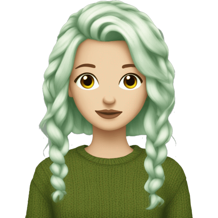 Pretty brown eyed white girl with green hair, with olive green sweater reading cozy emoji