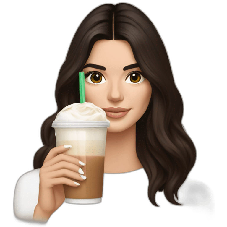 brunette Kendall Jenner holding ice latte emoji