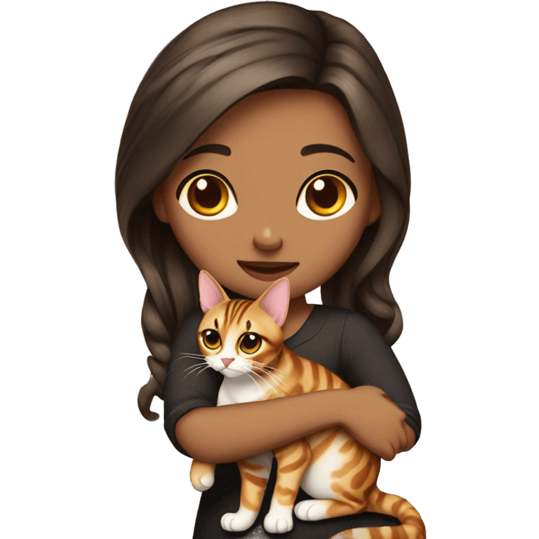 Beautiful skinny hot woman long dark brown hair in dress hug bengal cat emoji