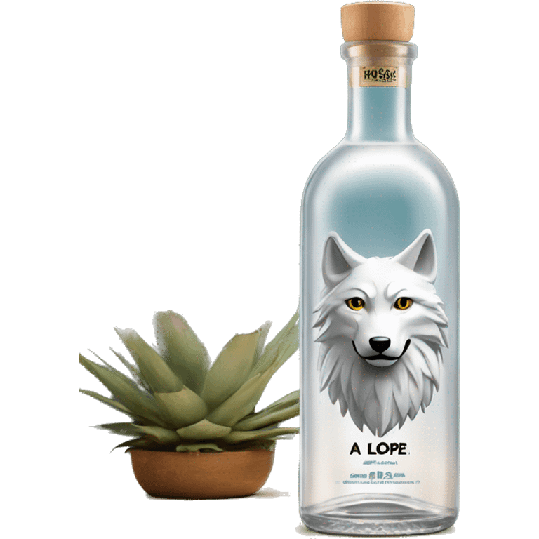 A tequila blanco classic transparent long cylindrical bottle with a wolf on top of the label, "Lopez" on the middle, and agave plants on the bottom. Only the cap is made of light wood. emoji