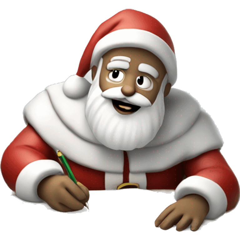 White Santa Claus is sitting on a desk, writing something down on a sheet of paper, solving complicated math puzzles emoji