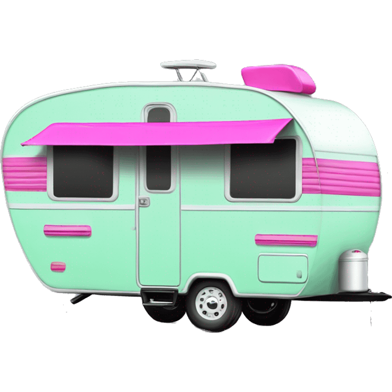 Realistic mint green and hot pink camping travel trailer isolated. emoji