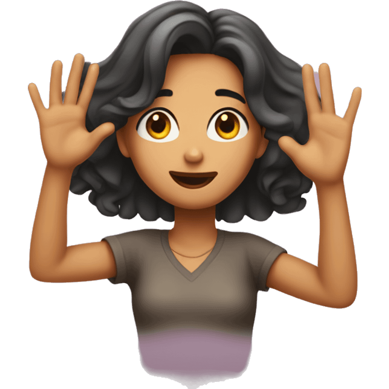 Girl with hands in the air surrendered with a 🤨 expression  emoji