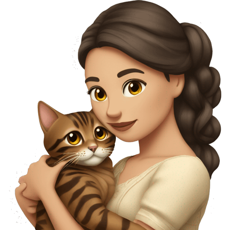 Beautiful woman long dark brown hair in dress hug bengal cat emoji