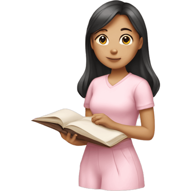 Asian girl in a light pink outfit studying  emoji