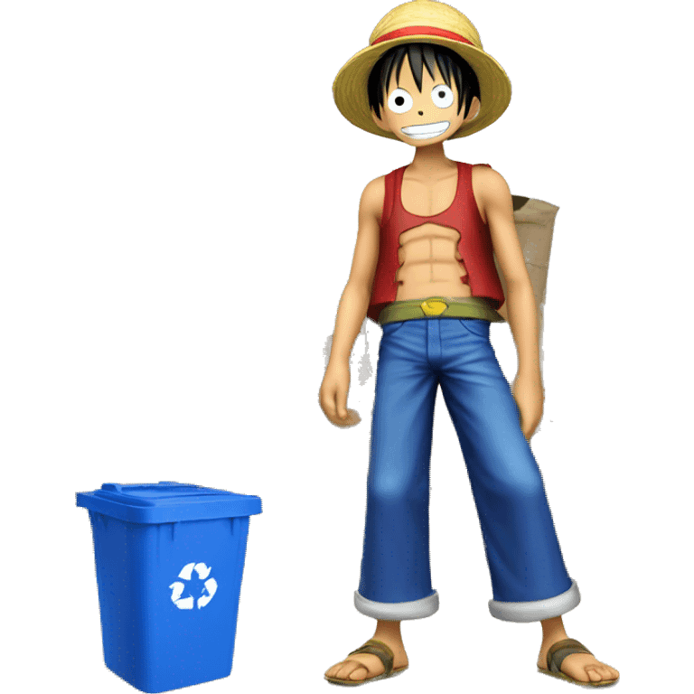 Luffy from one piece taking out his recycling bin, which has a blue body and yellow lid emoji