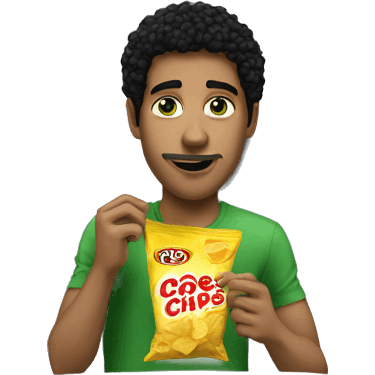 My hot man with black hair and green eyes eating chips on the coach emoji